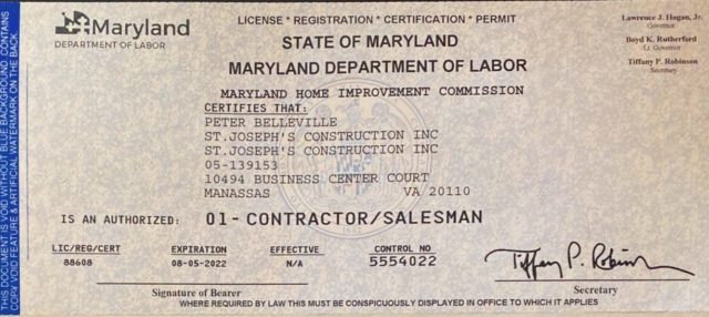 Contractor's License Maryland - St. Joseph’s Roofing | Residential ...